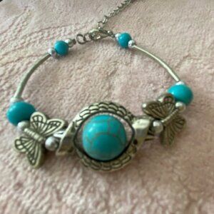 SILVER tone & TURQOISE BEAD Butterfly BANGLE BRACELET w extender